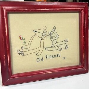 Vtg Framed Embroidery Art Two Teddy Bears “Old Friends” Handmade Cross Stitch